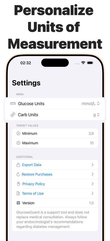 Blood Sugar Monitor & Glucose - Einstellungen-Bildschirm der GlucoseGuard-App zur Personalisierung von Messeinheiten und Zielbereichen