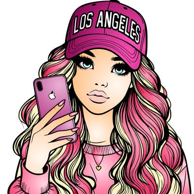 realistic beautiful girl wearing los ángeles cap holding an iphone