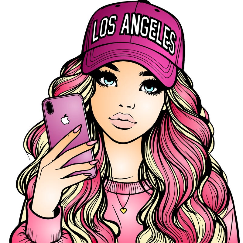 realistic beautiful girl wearing los ángeles cap holding an iphone