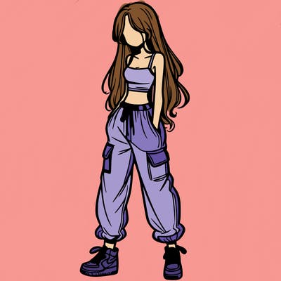 girl in baggy pants crop top and long hair