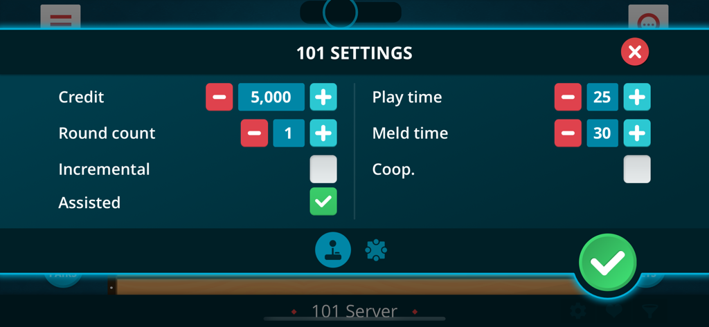ラウンド数やプレイ時間のオプションを含む101 Yuzbir Okeyのゲーム設定画面