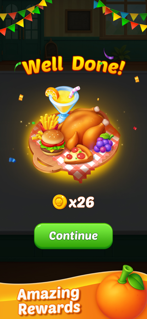 Food Sort: Puzzle Game - Food Sort Puzzle Gameの鮮やかな「おめでとう」画面。おいしい漫画の食べ物のトレイと報酬が表示されています。