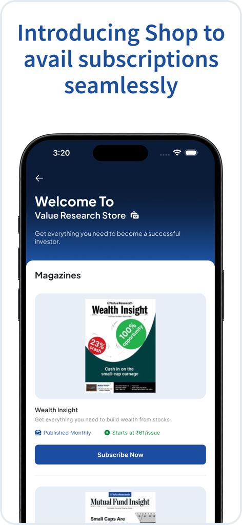 Schermata dell'app Value Research che mostra abbonamenti a riviste finanziarie, tra cui Wealth Insight per investitori NRI