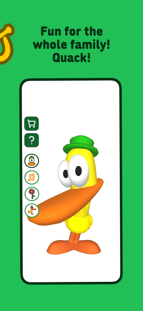 Talking Pocoyó: My Friend Pato - Personaje de Pato el pato de la aplicación Pato Hablador de Pocoyó Mi Amigo Pato en la pantalla de un teléfono inteligente con el texto 'diversión familiar'