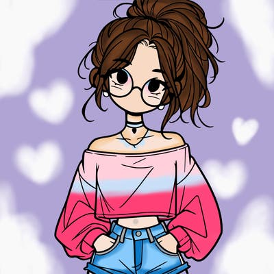 girl with a messy ponytail glasses a baggy crop top and jean shorts