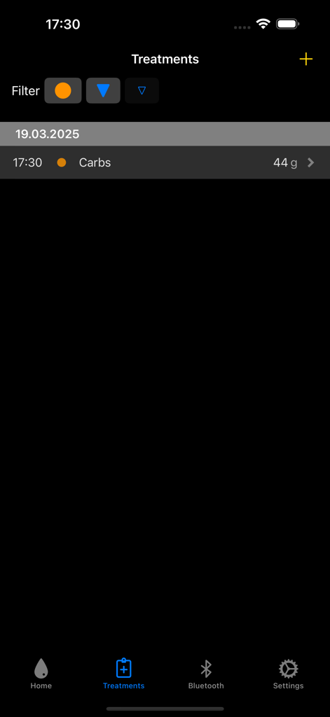 Zukka - Zukka app treatments screen displaying a recorded carbohydrate intake for diabetes management