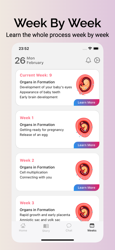 Count the Kicks - Kick Counter - Mia pregnancy app interface displaying week-by-week baby development and milestones.
