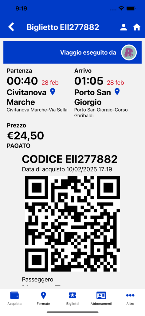 FrecciaRoma - Visualizzazione del biglietto dell'autobus digitale nell'app FrecciaRoma con un codice QR per la convalida