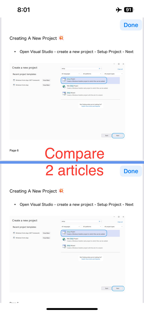 An iPhone screen displaying the fileSplit app with a split screen view to compare two articles simultaneously.