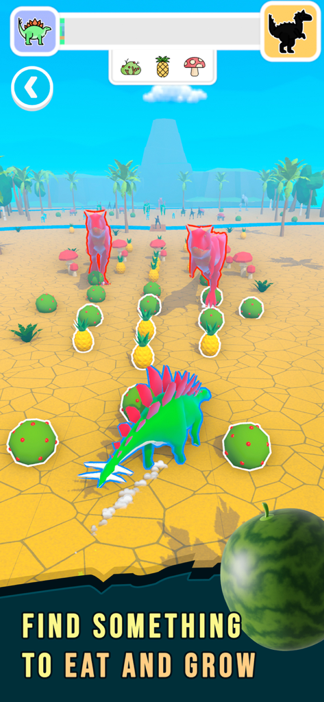 Dino Domination - A green dinosaur character collecting food like pineapples and bushes to grow larger while avoiding red predators in Dino Domination.