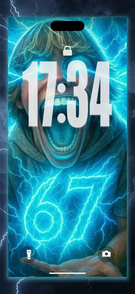 67 meme Wallpaper - Neon blue electric wallpaper featuring a screaming cartoon character and the number 67 on a smartphone lock screen