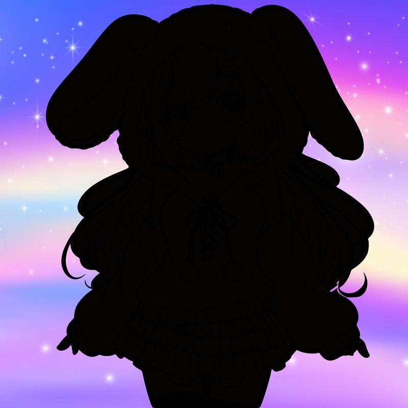 pretty anime girl wearing a fluffy hoodie with bunny ears on the hood and a skirt