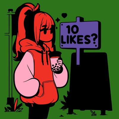 girl with oversized hoodie drinking boba and she has a high ponytail with a sign that says 10likes?