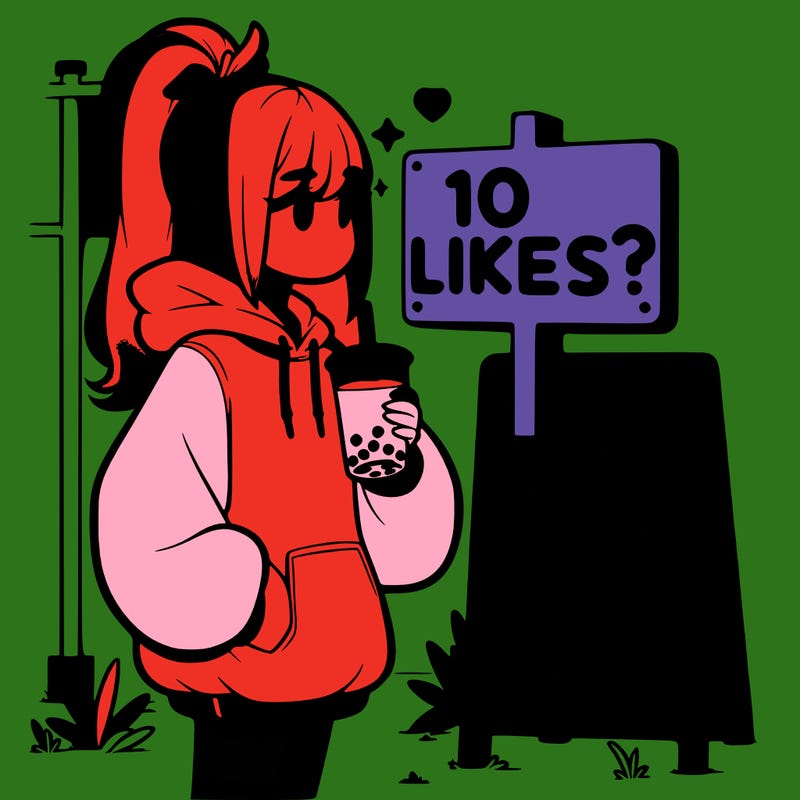 girl with oversized hoodie drinking boba and she has a high ponytail with a sign that says 10likes?
