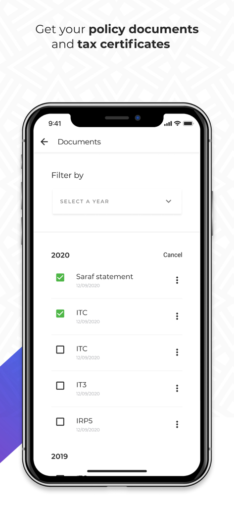 Old Mutual app interface showing policy documents and tax certificates