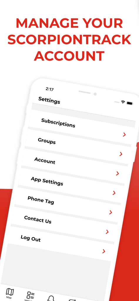 Datatool app settings screen showing options for managing a ScorpionTrack account and subscriptions