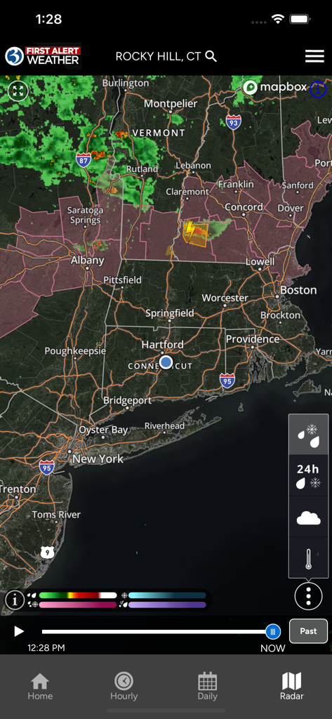 Mapa interactivo de radar meteorológico de alta resolución de Connecticut y el Noreste en la aplicación WFSB First Alert Weather.