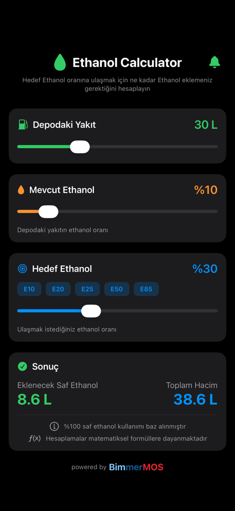 Ethanol Calculator app screen with sliders for fuel amount and ethanol ratios in dark mode.