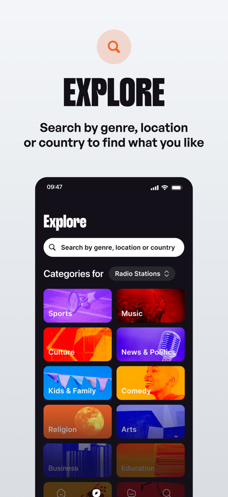 ZenoRadio - Pantalla de exploración de la aplicación ZenoRadio mostrando una barra de búsqueda y coloridas baldosas de categorías para deportes, música, cultura, noticias y política
