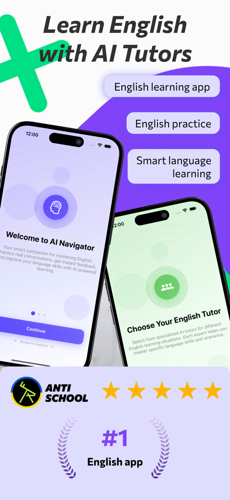 Interfaz de la aplicación móvil AI Navigator que muestra opciones para aprender inglés con tutores de IA y herramientas inteligentes de práctica de idiomas