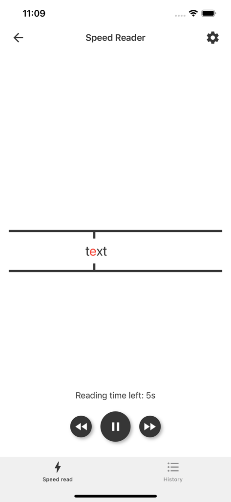 Speed Reader for Speed Reading - Mobile screen of the Speed Reader app displaying a single word with a highlighted letter between support lines and playback controls.