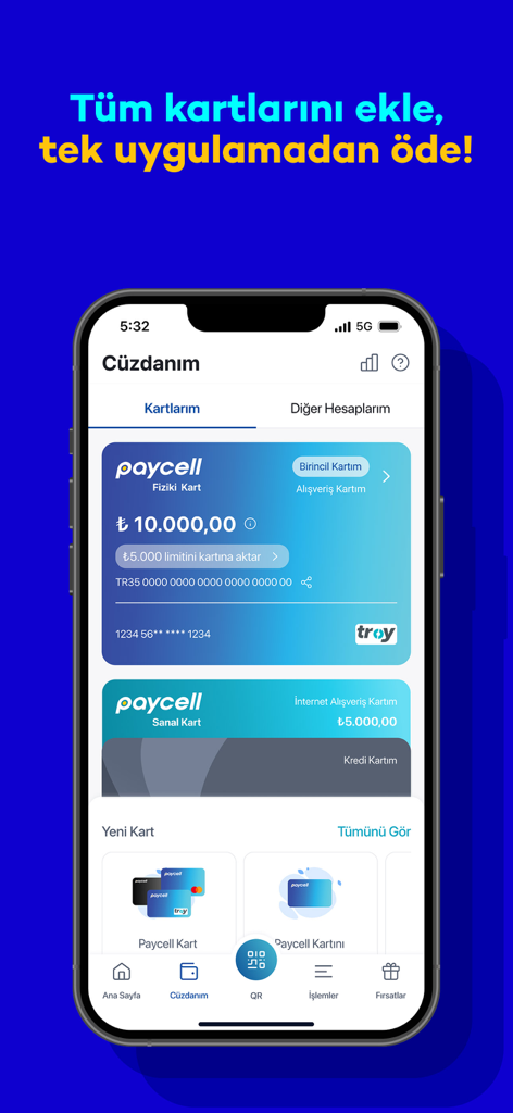 Paycell app wallet screen showing physical and virtual card management with account balance in Turkish Lira