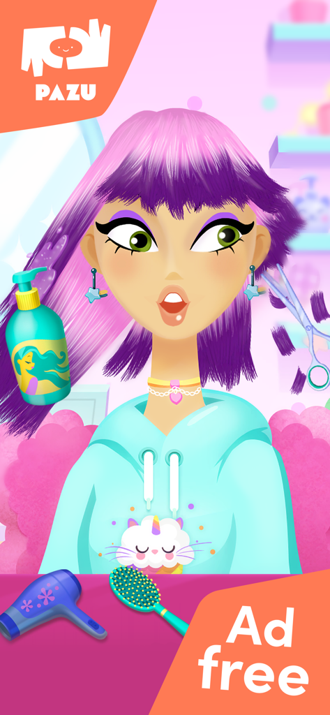 Cartoon character getting a colorful haircut with scissors and styling tools in the Pazu kids game
