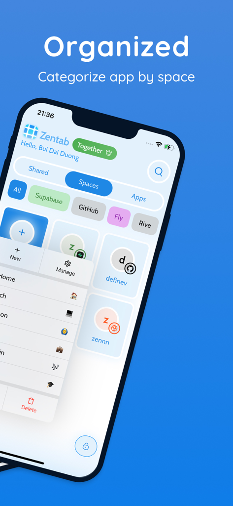 Zentab - Clone App Multi Login - Panel de Zentab mostrando espacios de aplicaciones organizados para la gestión multi-cuenta