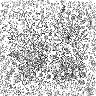 Dive into the intricate beauty of a wild garden with this detailed coloring page, designed especially for teens. Featuring a lush array of native wildflowers, it offers a relaxing and creatively rewarding experience.