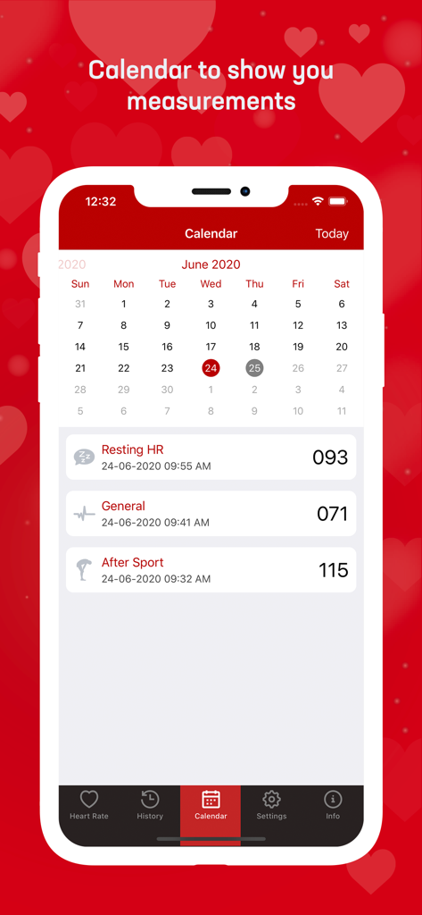 Heart Rate & Pulse Tracker - Calendar screen of the Heart Rate and Pulse Tracker app showing daily pulse measurement history.