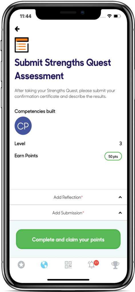 Suitable - A mobile screen of the Suitable app showing a submission page for a Strengths Quest assessment with points and career competency tracking.