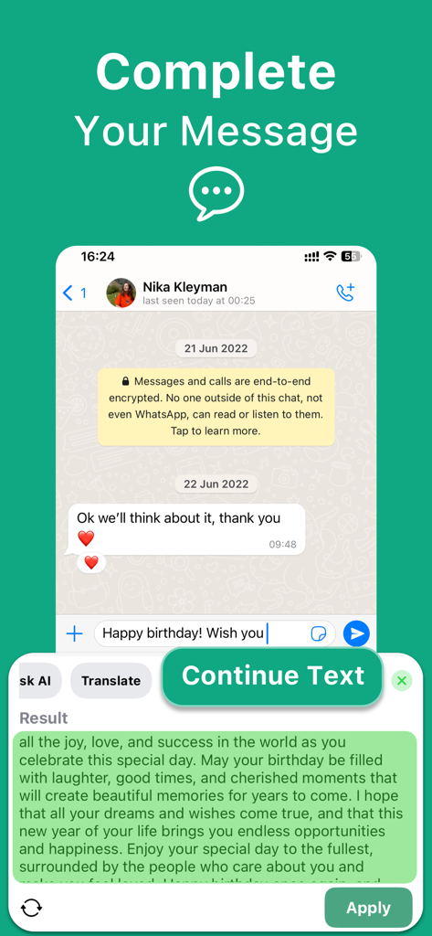 TyperAI keyboard extension completing a birthday message using AI in a chat interface