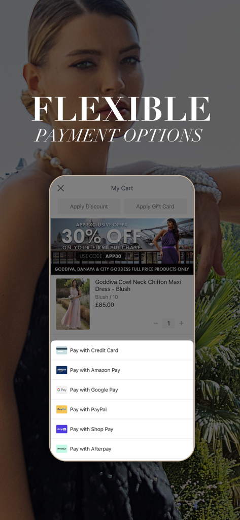 Schermata di checkout dell'app Goddiva che mostra metodi di pagamento flessibili come Afterpay, PayPal e Amazon Pay per un ordine di abiti lunghi.