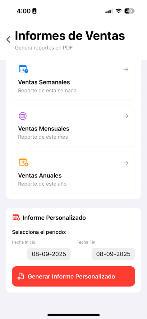 Inventario y Venta - Schermata dei report di vendita con opzioni per generare report PDF settimanali, mensili e annuali