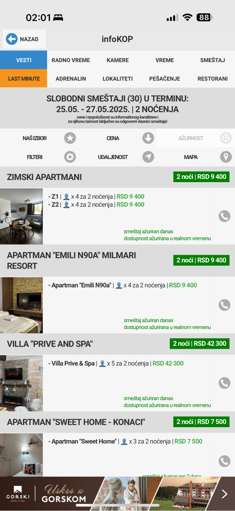 infoKOP - Oberfläche der mobilen App infoKOP, die eine Liste verfügbarer Unterkünfte in Kopaonik mit Preisen und Buchungsdetails zeigt