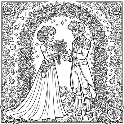 Embark on an epic romance with our Bounty Hunter Wedding coloring page, where futuristic flair meets timeless matrimonial joy. This unique illustration features a bounty hunter couple exchanging vows amidst intricate sci-fi and floral details, perfect for a creative escape.