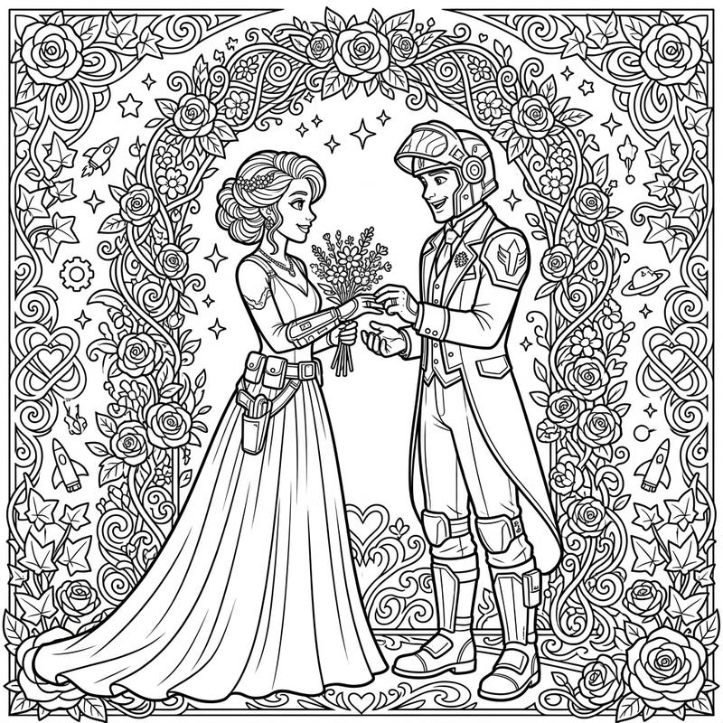 Embark on an epic romance with our Bounty Hunter Wedding coloring page, where futuristic flair meets timeless matrimonial joy. This unique illustration features a bounty hunter couple exchanging vows amidst intricate sci-fi and floral details, perfect for a creative escape.