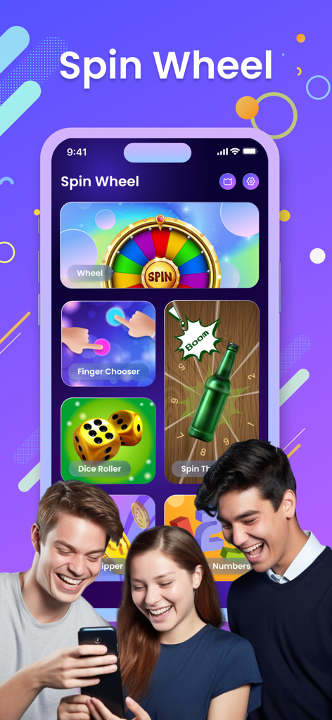 Interface de l'application Spin the Wheel avec divers outils de décision et de jeunes amis utilisant un téléphone.