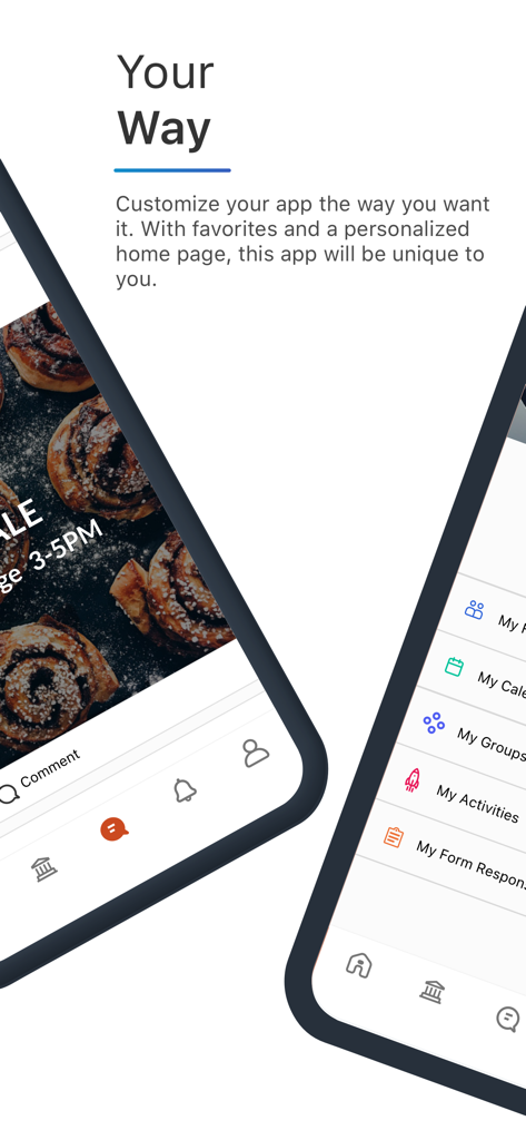 Pantallas de la aplicación móvil Century College que muestran la página de inicio personalizada y las funciones de personalización para estudiantes
