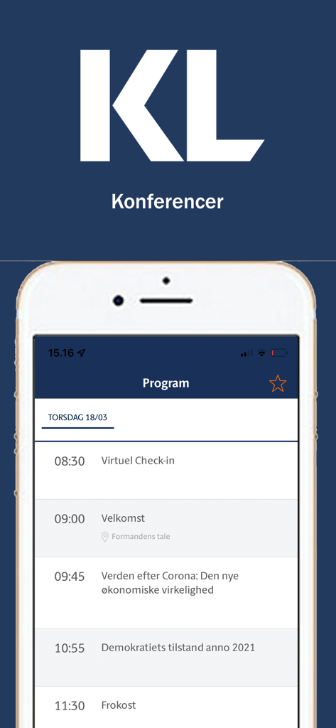 KL konferencer - KL Konferencer app logo and mobile interface showing an event schedule