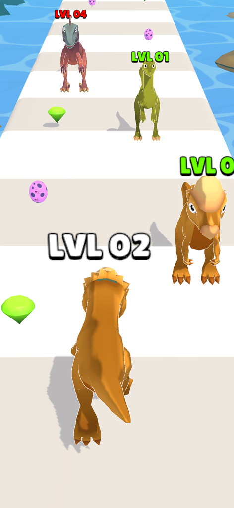 Dino Run: Dinosaur Games - Dino RunのDino Runで、レベルマーカーや収集品があるトラックを走る恐竜