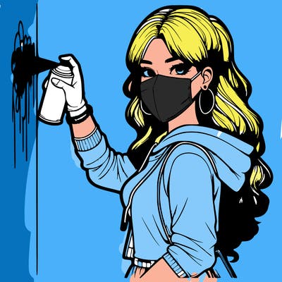 realistic girl with mask spray painting a wall