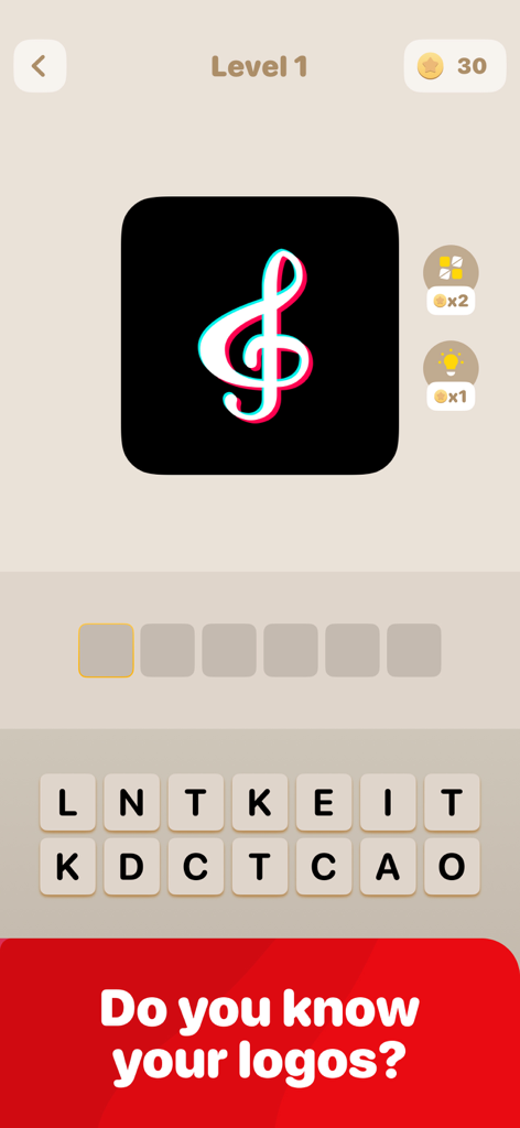 Captura de pantalla del juego móvil Logo Quest mostrando el logotipo de TikTok para identificar en el nivel uno