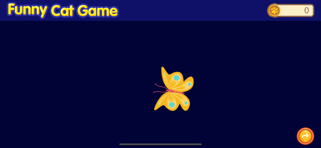 Captura de tela do gameplay do Jogo Engraçado para Gatos com uma borboleta amarela em um fundo azul escuro para os gatos caçarem.