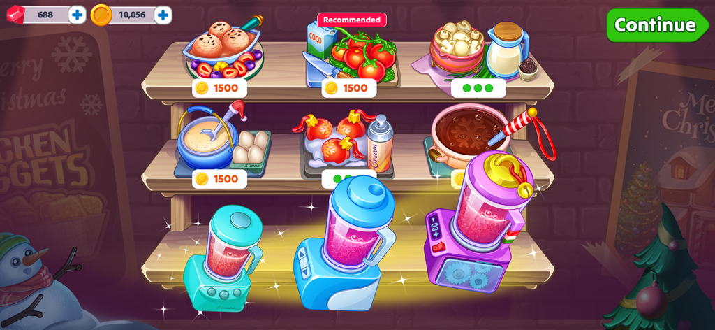 Christmas Chef Cooking Game - Kitchen upgrade screen in Christmas Chef Cooking Game showing various ingredients and blenders on wooden shelves