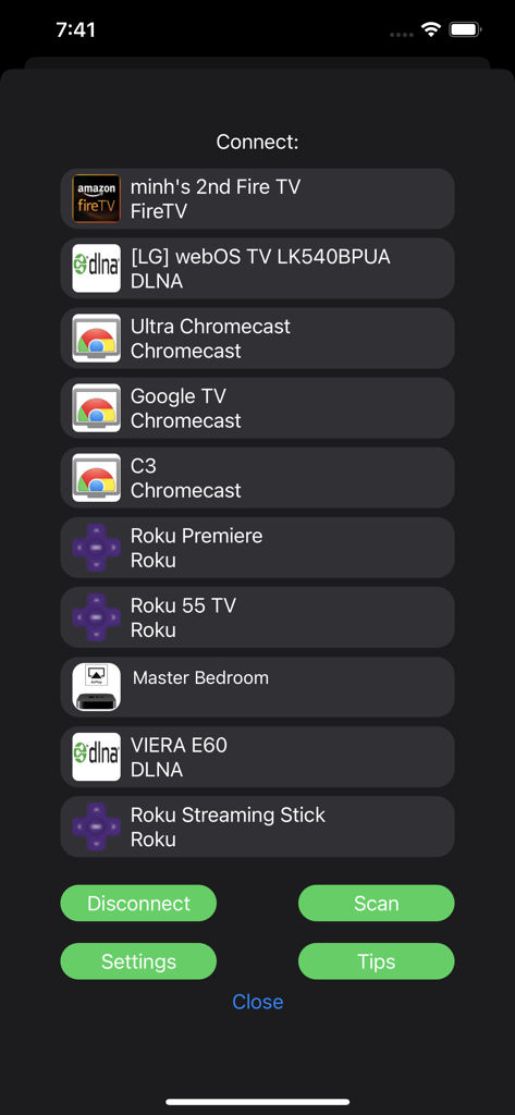 A list of available streaming devices for casting including Fire TV, Chromecast, and Roku within the Castify app interface