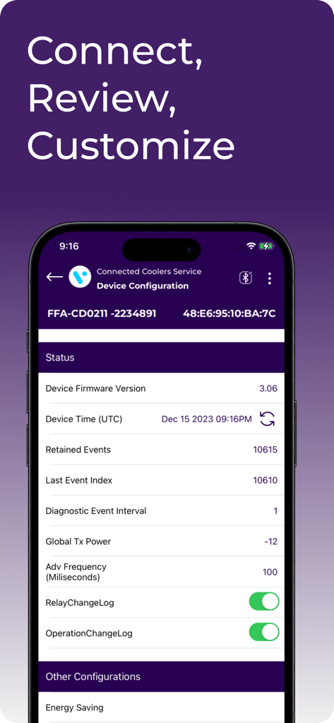 Mobile app interface showing the device configuration screen with technical status details for a connected cooler asset