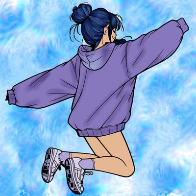 realistic girl jumping with a bun and oversized sweatshirt