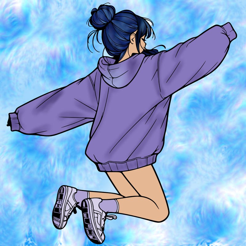 realistic girl jumping with a bun and oversized sweatshirt