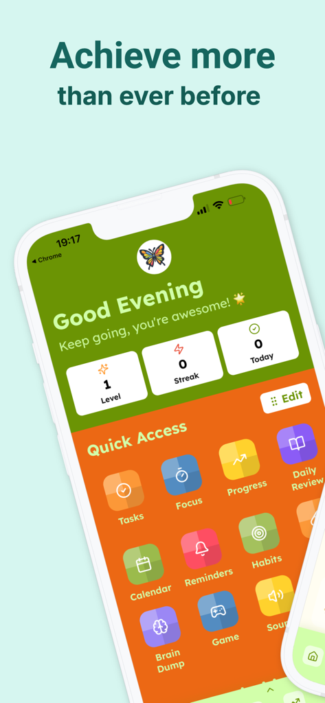 ADHD: Planner & Lifehacks - 生産性ツールのためのカラフルなクイックアクセスアイコンを備えたADHDプランナーアプリのホームページ